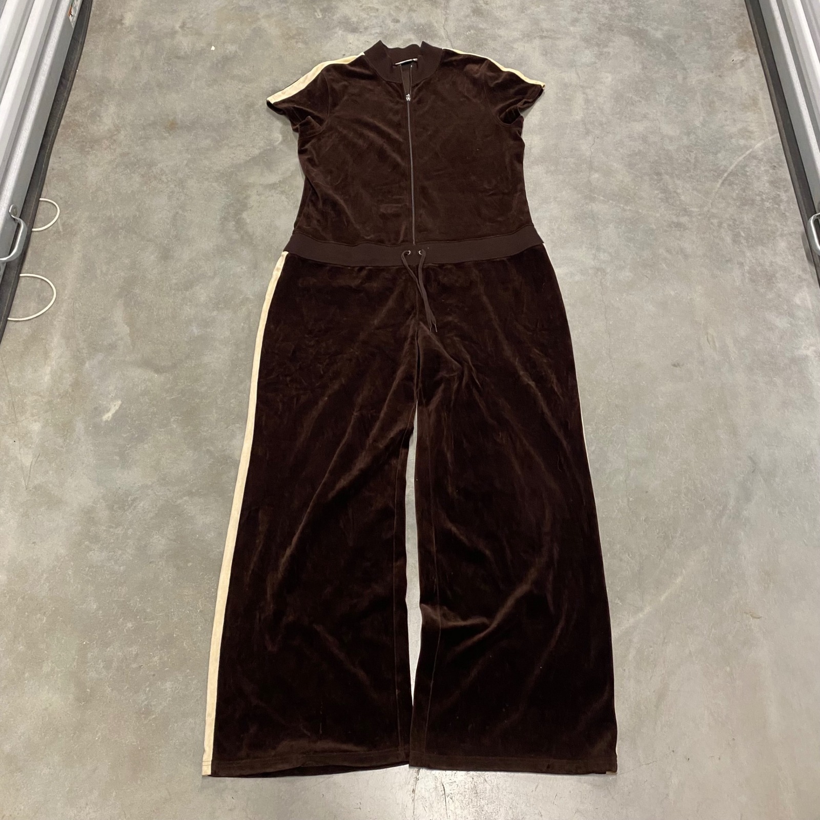 Jlo Jennifer Lopez Brown Velour Jumpsuit Y2k Vintage Wide Leg Tracksuit 2x